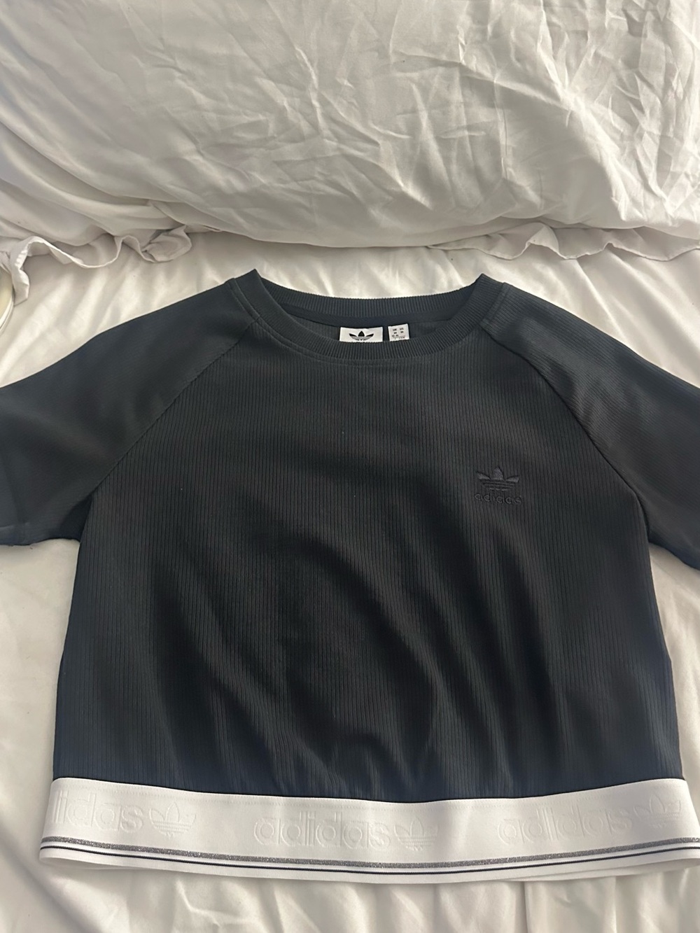 adidas Black Ribbed Short-Sleeve Crop Top with White Logo Hem